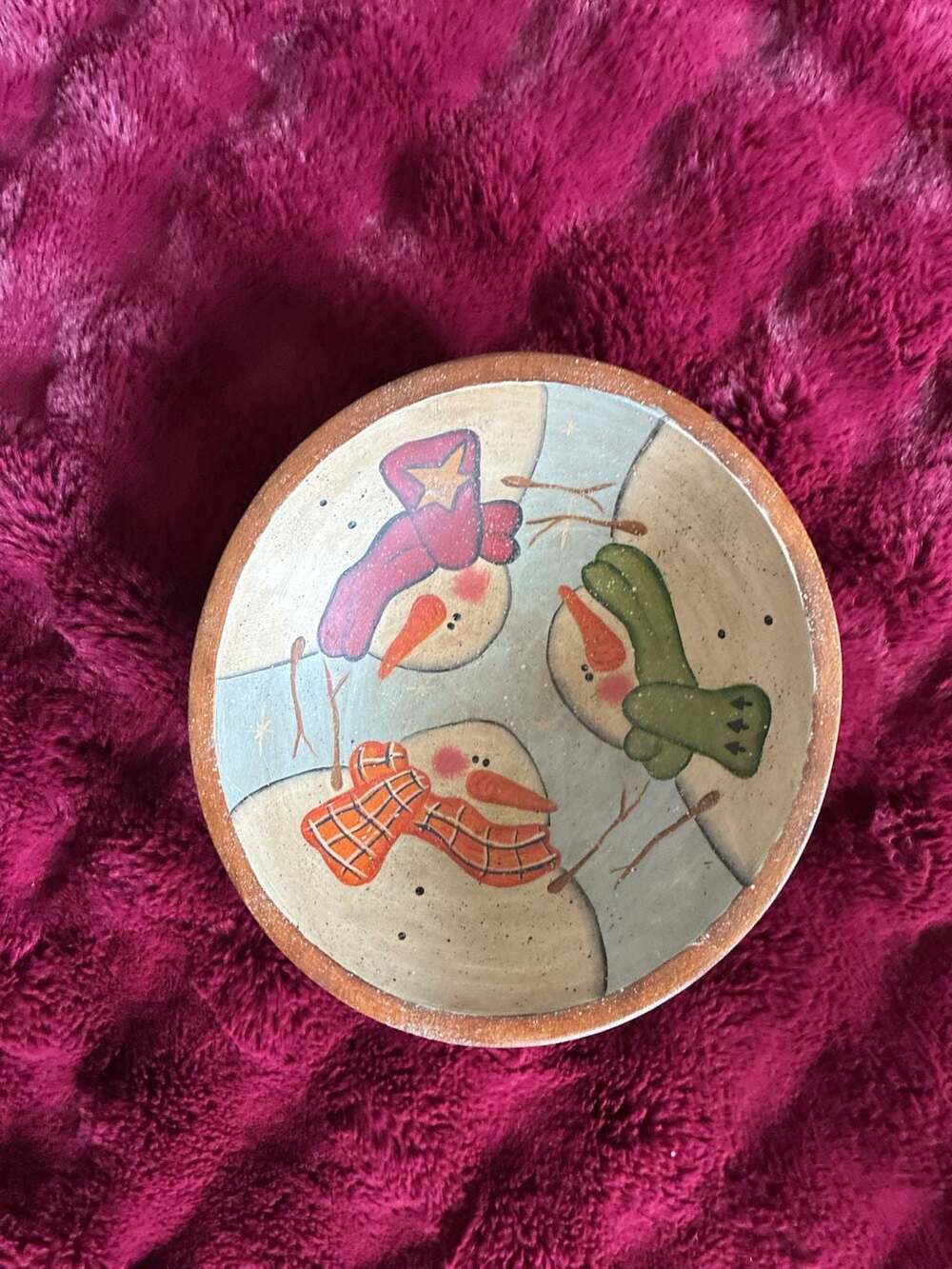Woodkraftcraft Handpainted Wooden Snowman 3-Footed Bowl A742